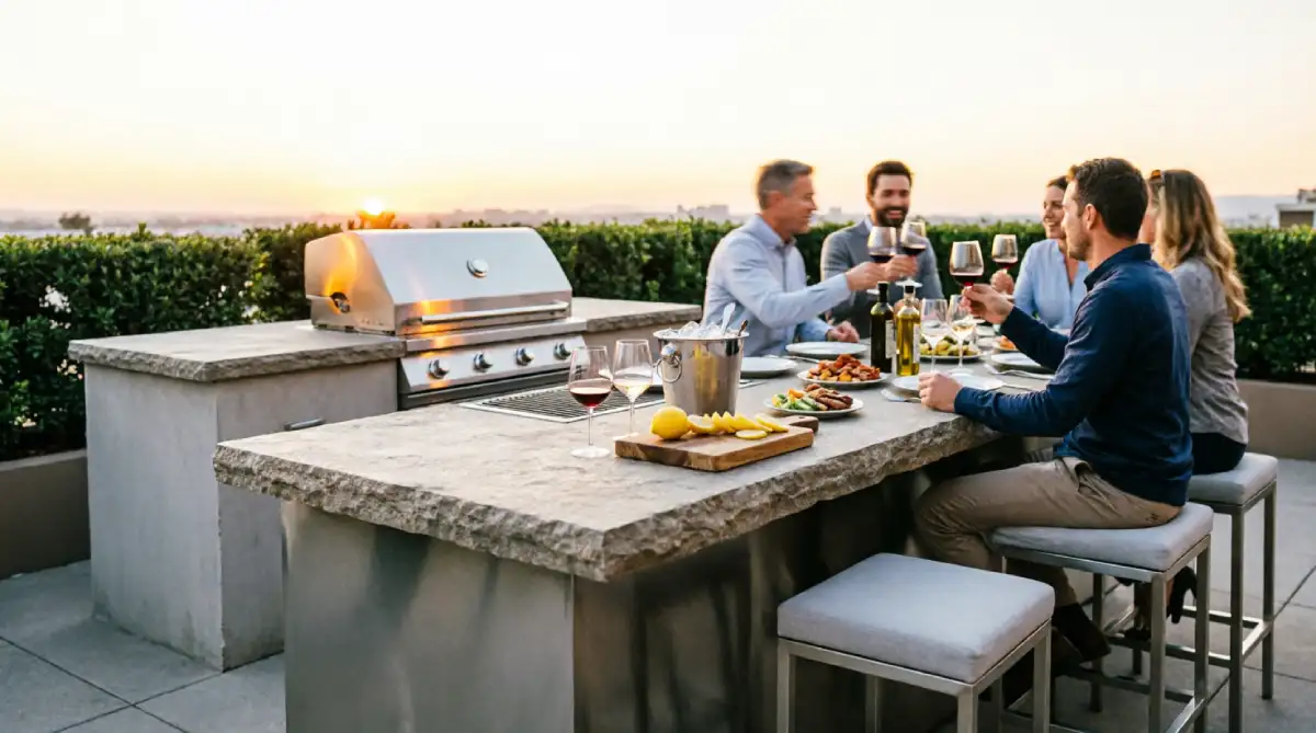 Bar seating integrated into a summer outdoor kitchen for social cooking layout