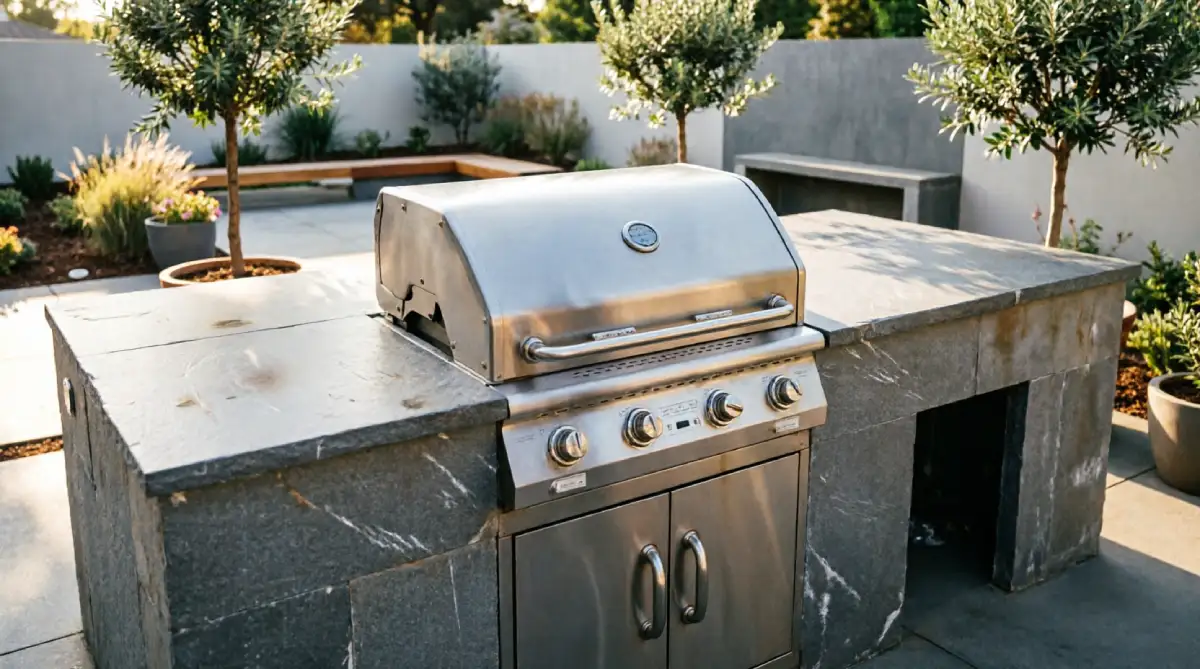 Built-in grill station with stone counter space in summer outdoor kitchen