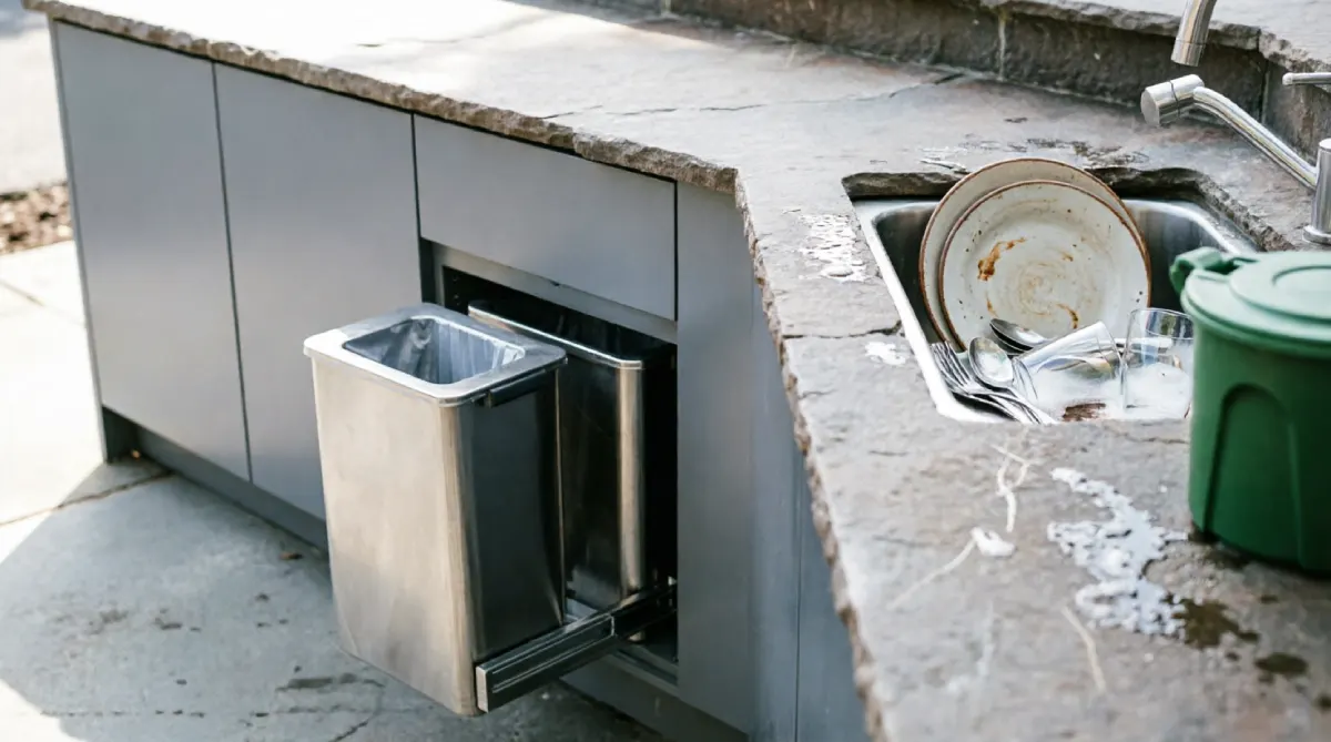 Outdoor dishwashing and cleanup station with waste management in a summer outdoor kitchen