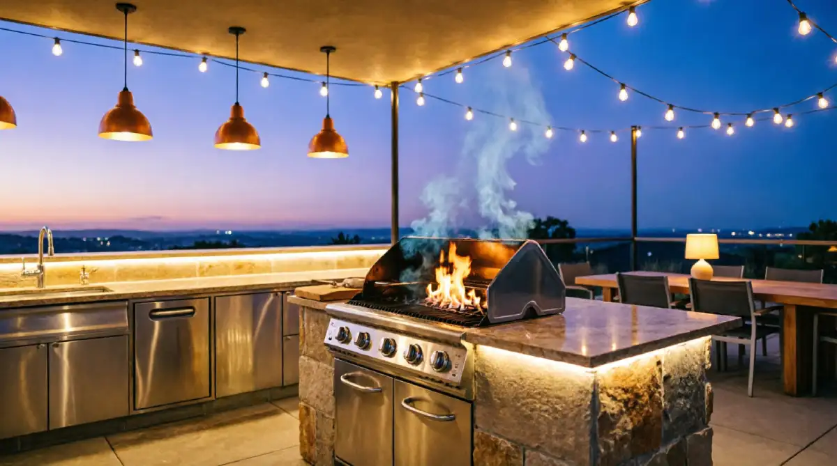Layered outdoor lighting system in summer outdoor kitchen for evening cooking