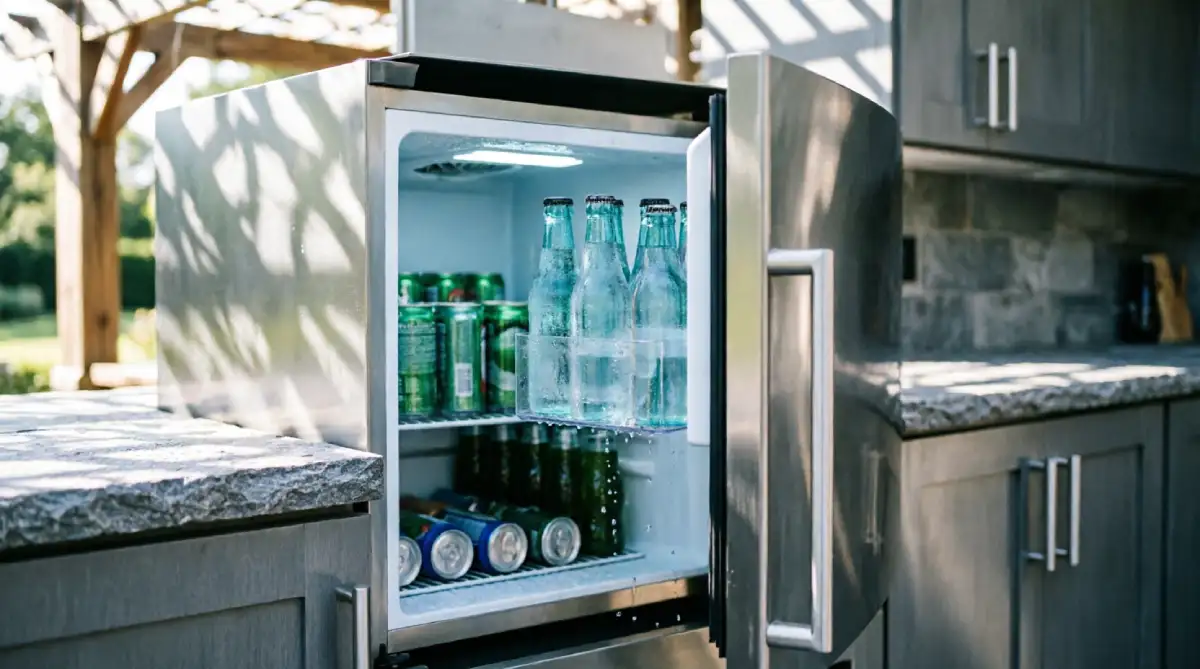Outdoor-rated under-counter refrigerator in a summer outdoor kitchen for cold storage