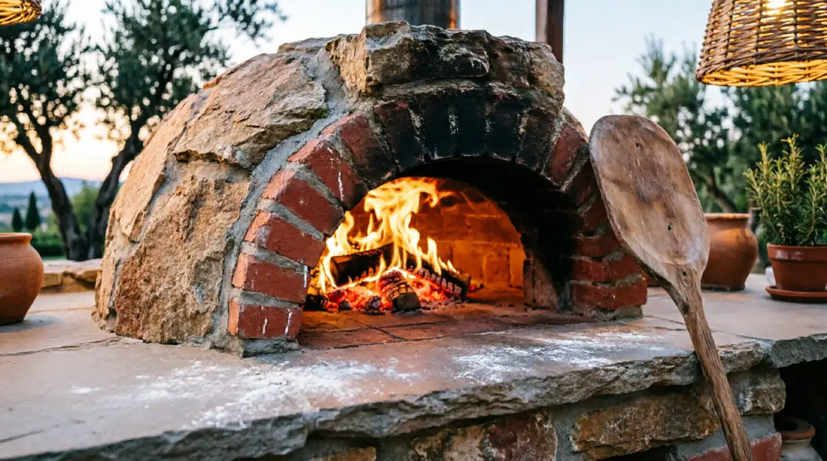 Wood-fired pizza oven built into summer outdoor kitchen counter with prep area