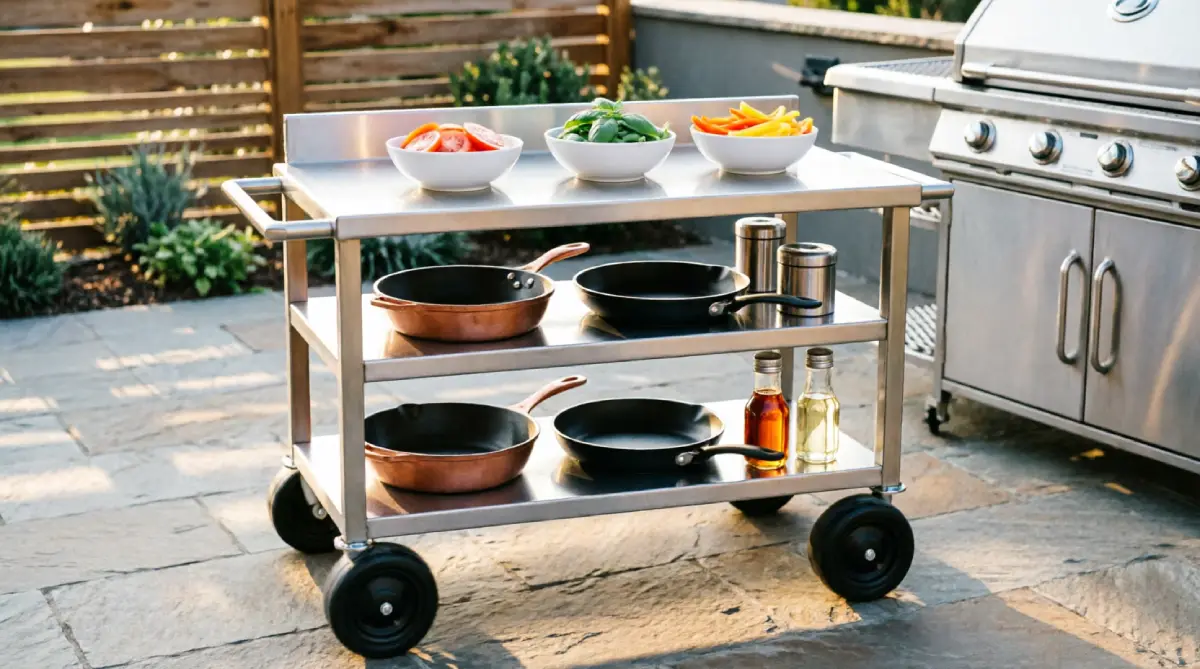 Portable mobile cart providing flexible cooking space in a summer outdoor kitchen