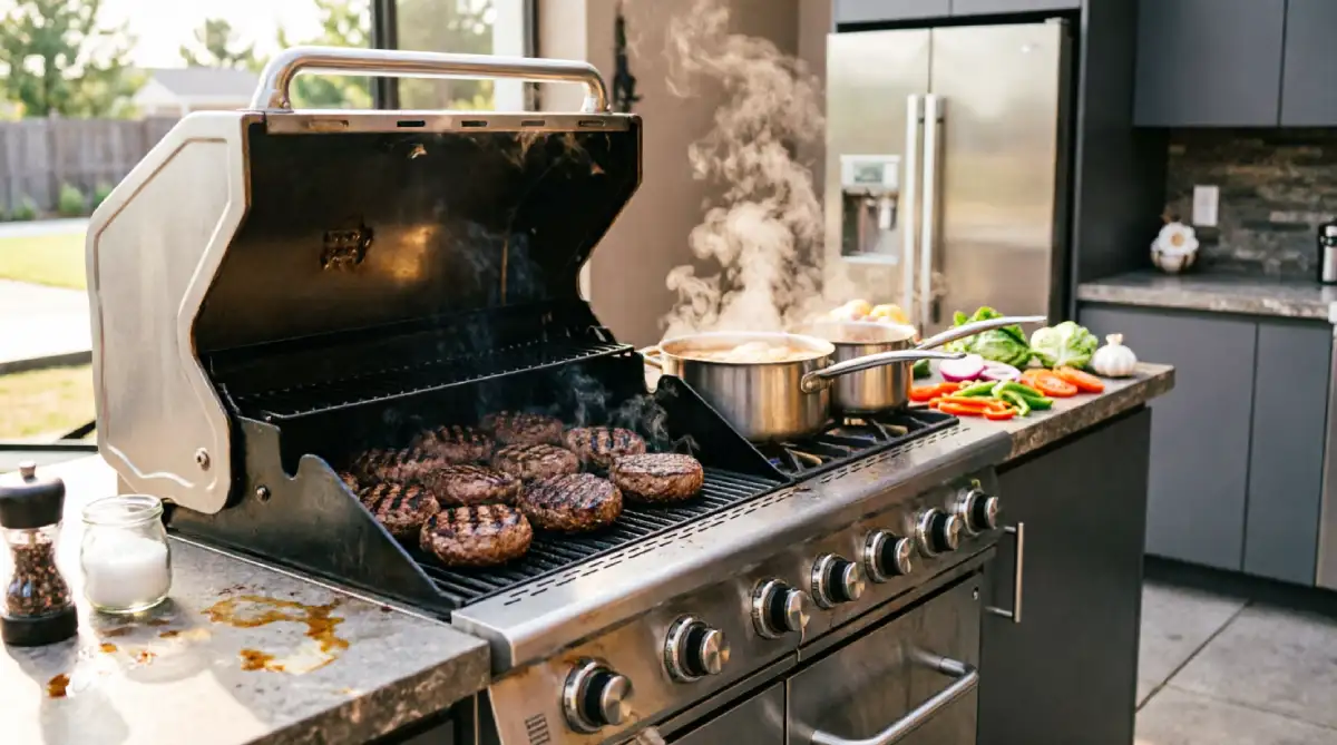 Side burner and grill multi-cooking setup in summer outdoor kitchen
