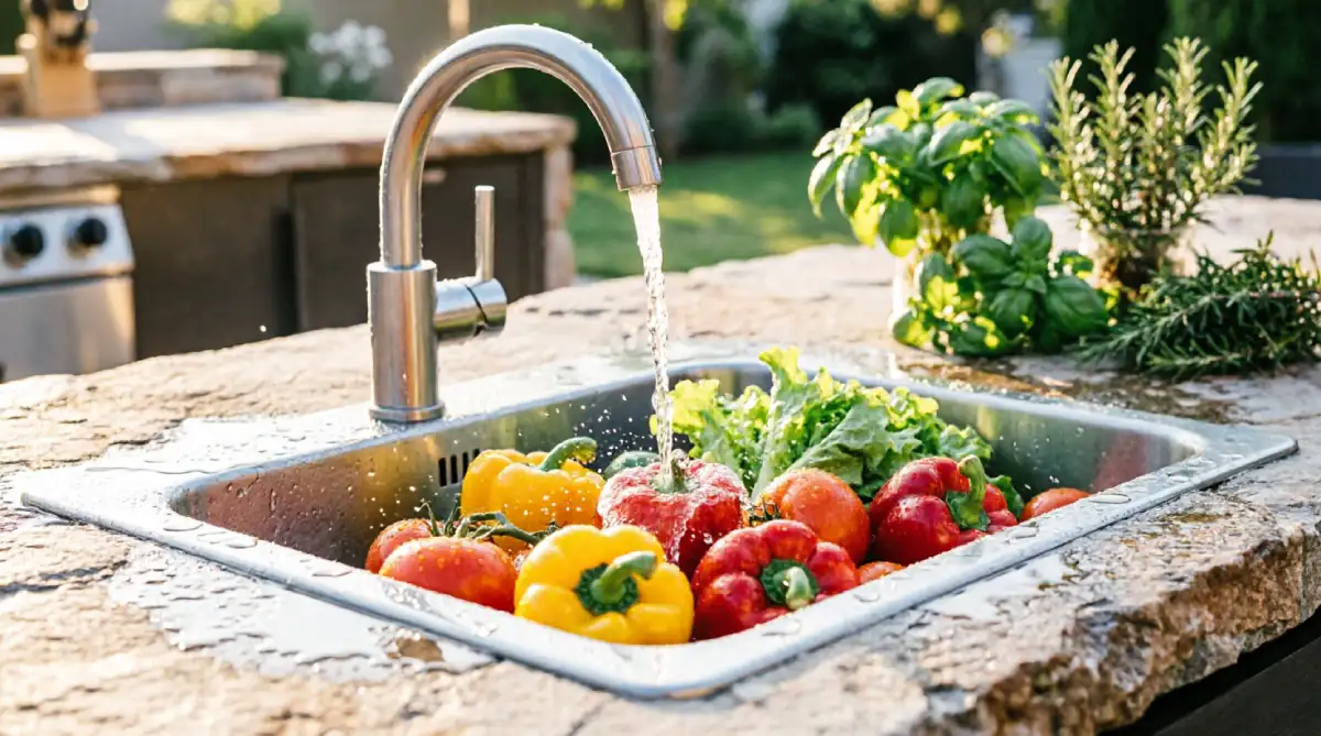 Outdoor sink and prep station in summer outdoor kitchen with running water