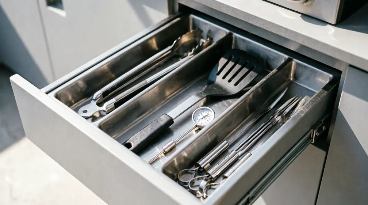 Organized drawer storage for grilling tools in a summer outdoor kitchen