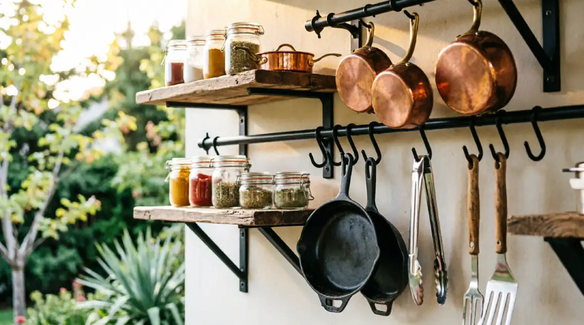 Vertical storage shelves and hanging racks in a summer outdoor kitchen