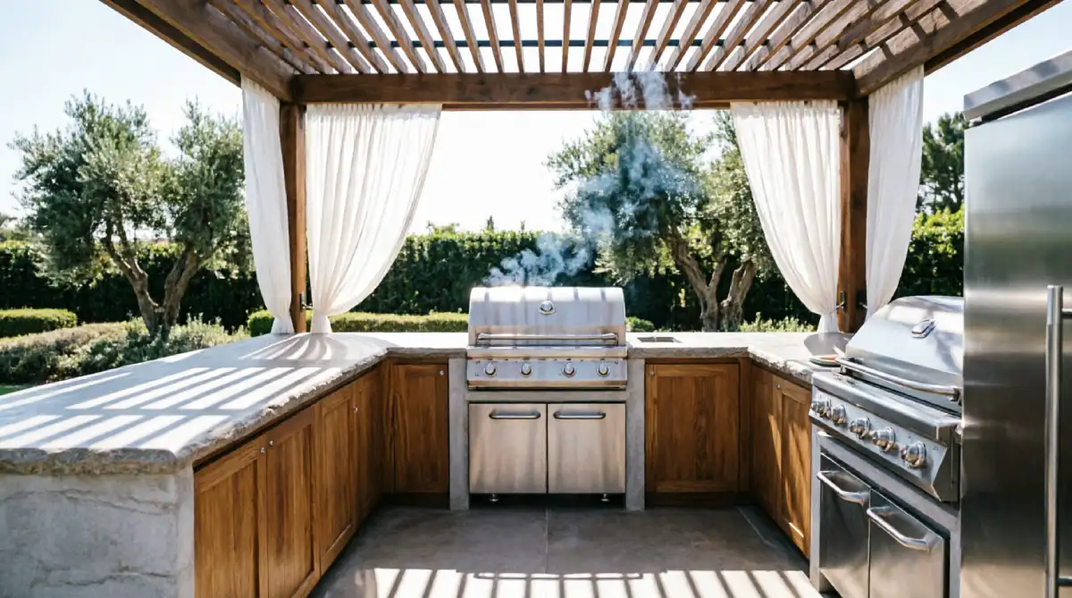 Covered outdoor cooking zone under pergola in summer outdoor kitchen