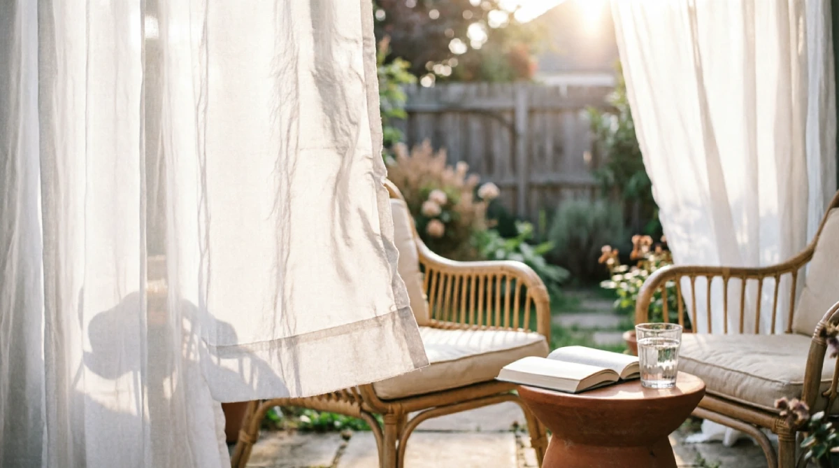 Light outdoor curtains fluttering on a summer patio, offering flexible shade and cooling breeze.