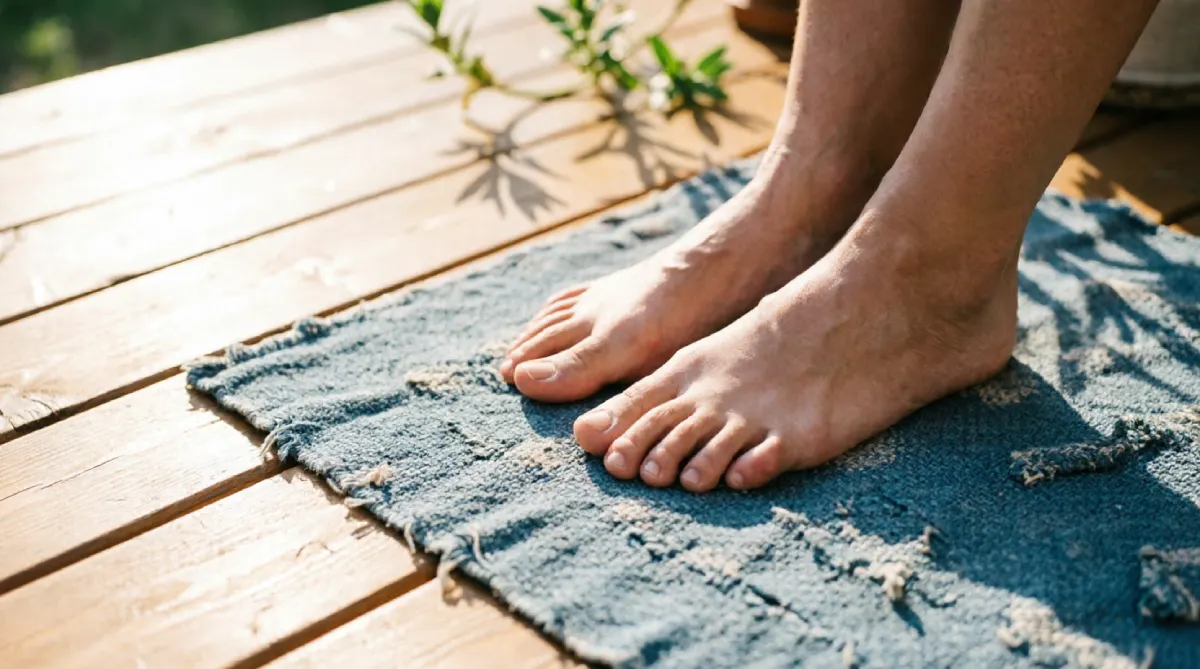 A light woven cotton rug on a sunny patio, keeping the surface cool and soft underfoot.