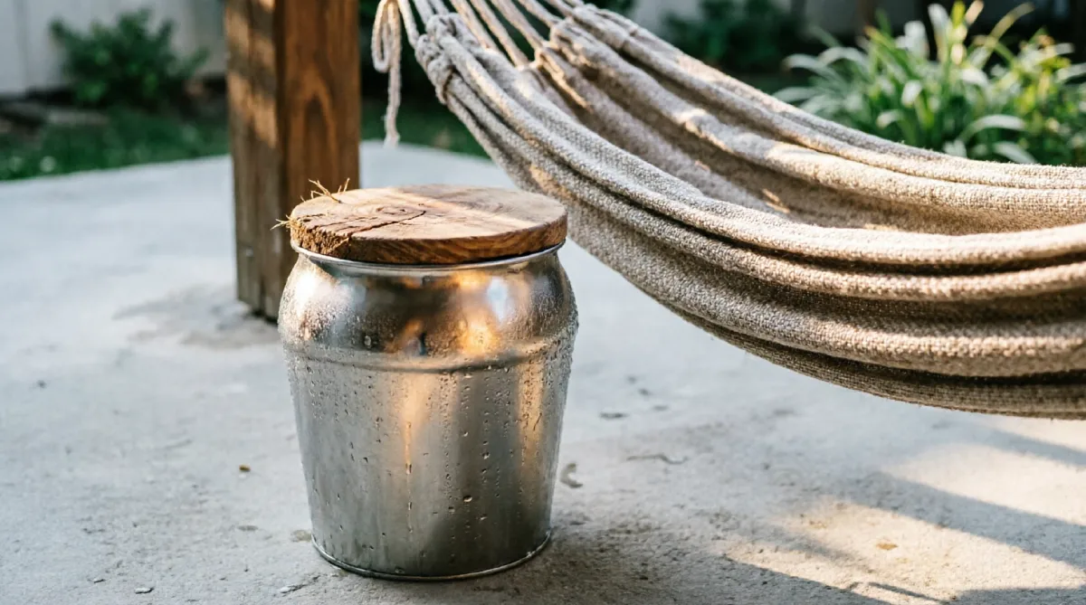 A portable ice bucket side table keeping drinks cold and accessible on a hot summer patio.
