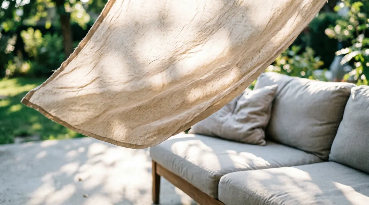 A linen shade sail filtering sunlight over a relaxed summer patio seating area.