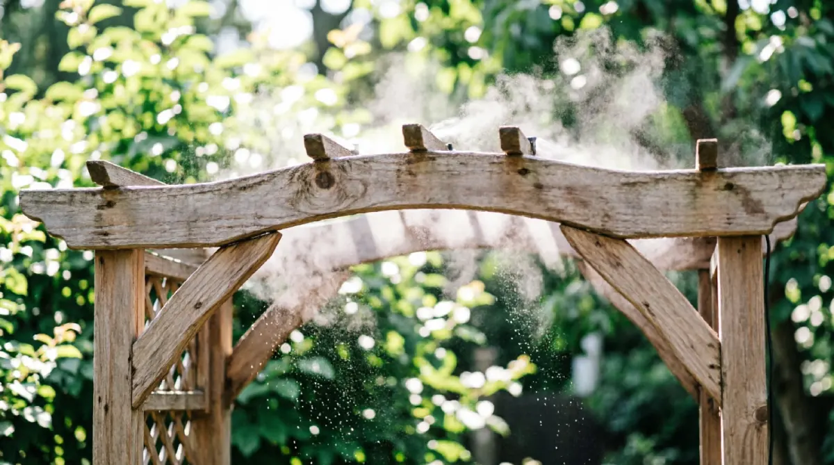 Fine mist cooling the air around a patio seating area on a hot summer day