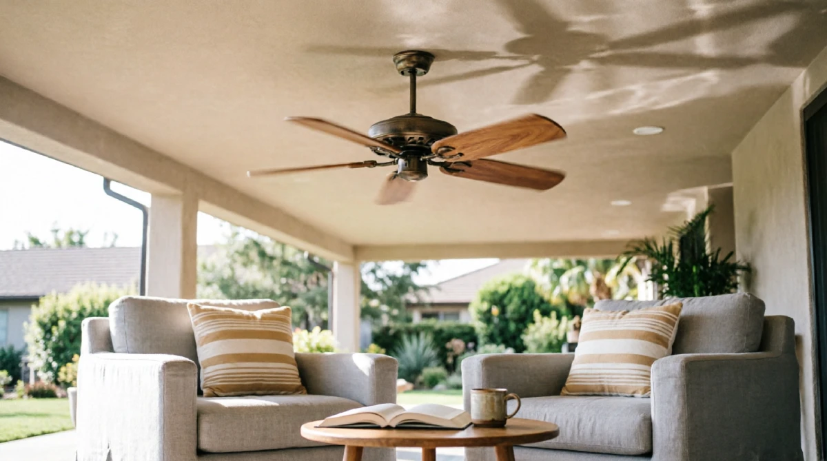 An outdoor-rated ceiling fan circulating cool air on a covered summer patio.