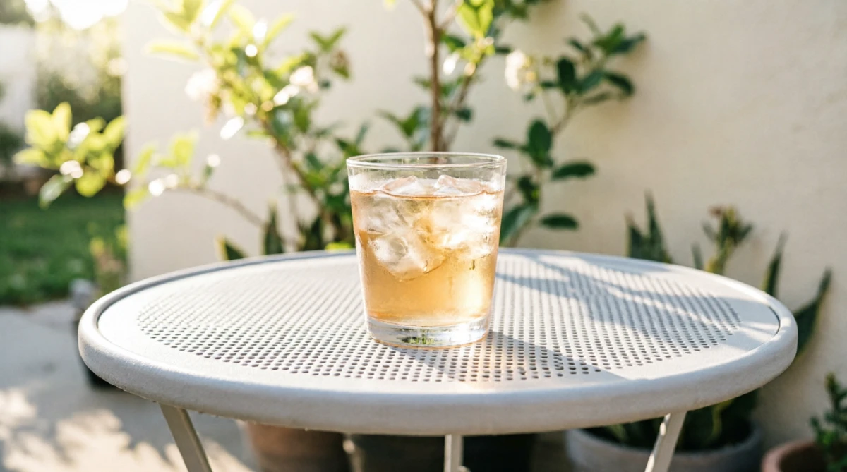 A cool-to-touch perforated metal side table on a sunny summer patio.