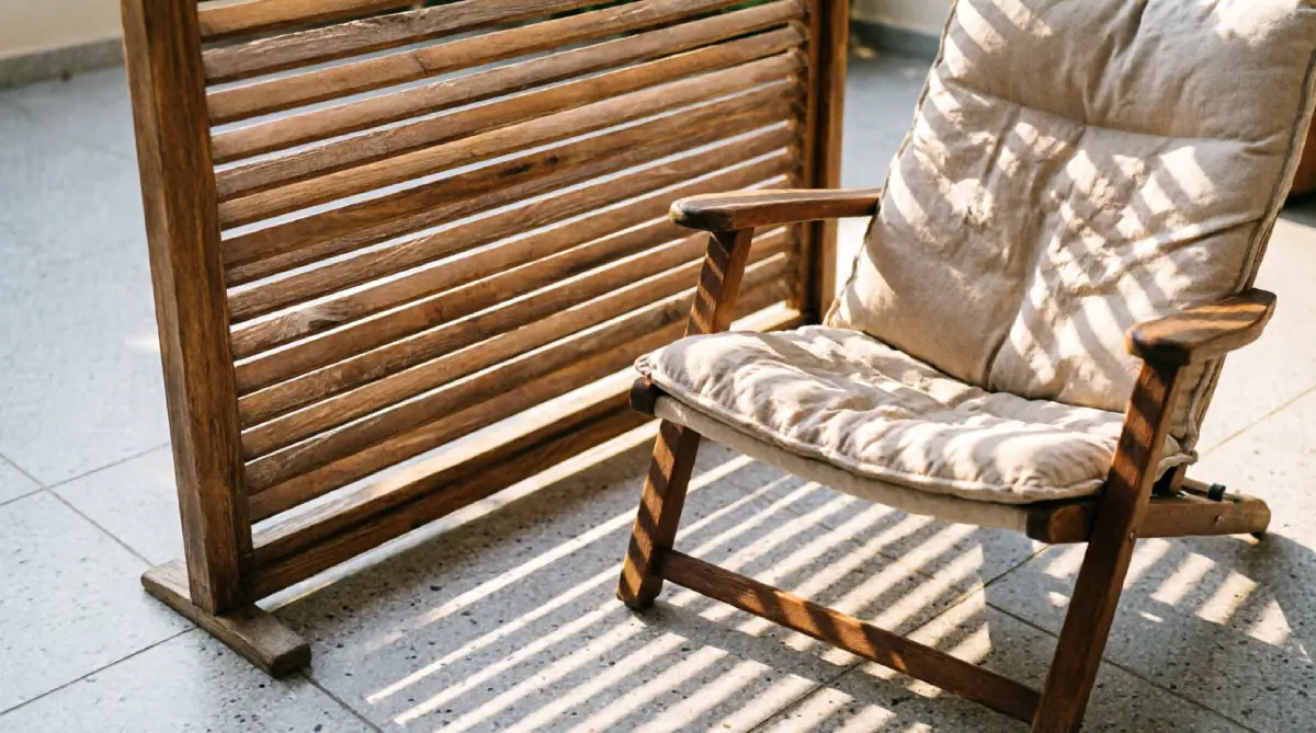 Movable wooden slatted screen providing adjustable shade and airflow on a summer patio.