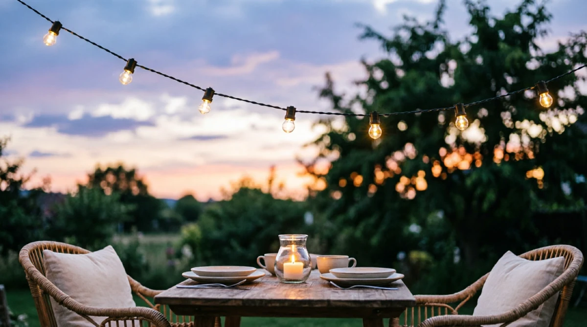 Warm solar-powered string lights creating a cooling evening atmosphere on a summer patio.