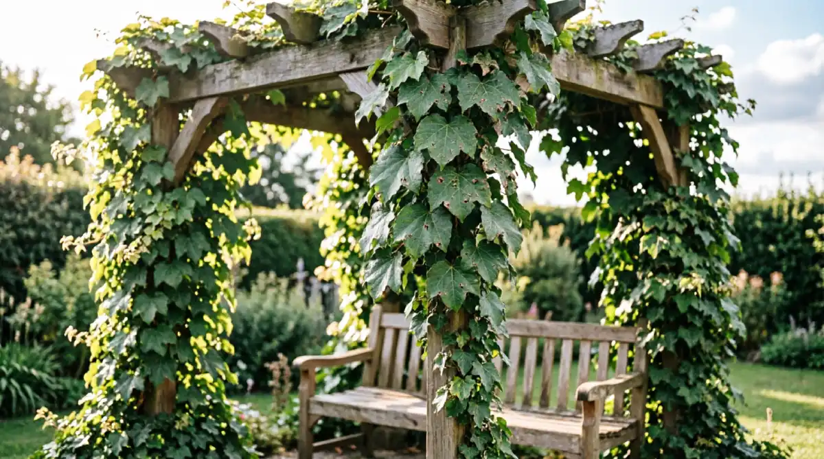 A vine-covered pergola providing natural shade and cooling on a summer patio.