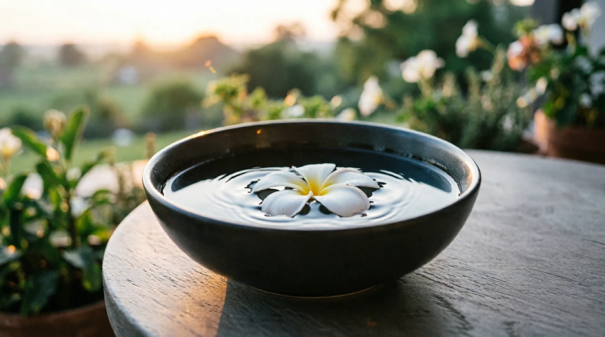 A simple water bowl on a patio providing evaporative cooling and a calming focal point.
