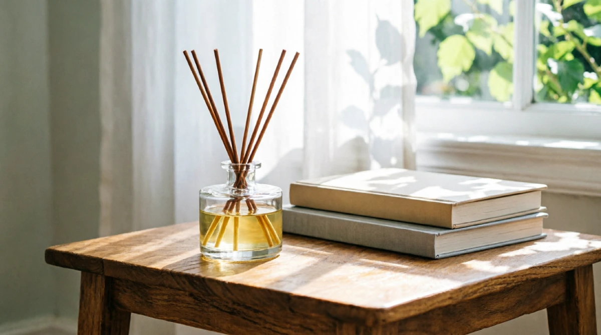 Reed diffuser with fresh citrus scent on a side table in a bright living room