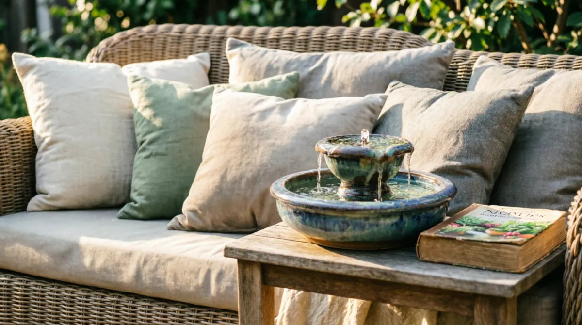 A small tabletop water fountain on a patio side table creating a calming, cozy atmosphere