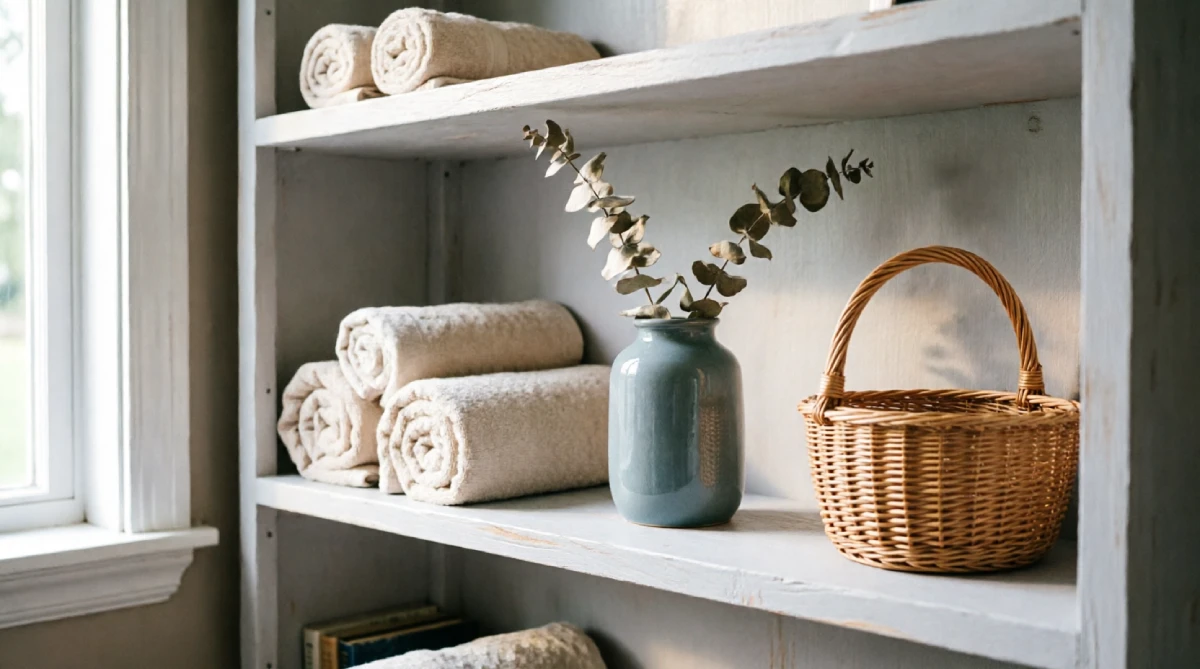 Tall narrow bookcase used for space-saving storage in a small summer bedroom
