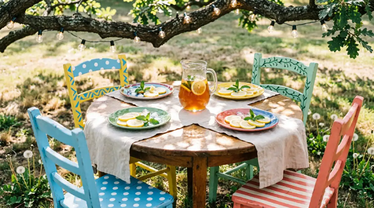 A cozy outdoor dining setup under a tree with mismatched chairs and soft overhead string lights