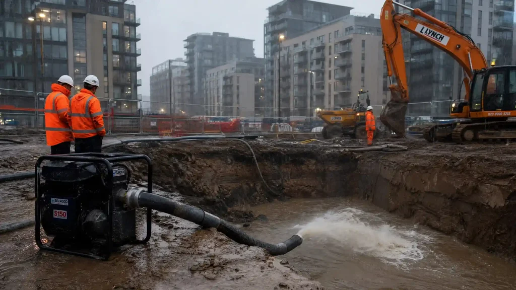Drainage pumps managing floodwater at a UK construction site