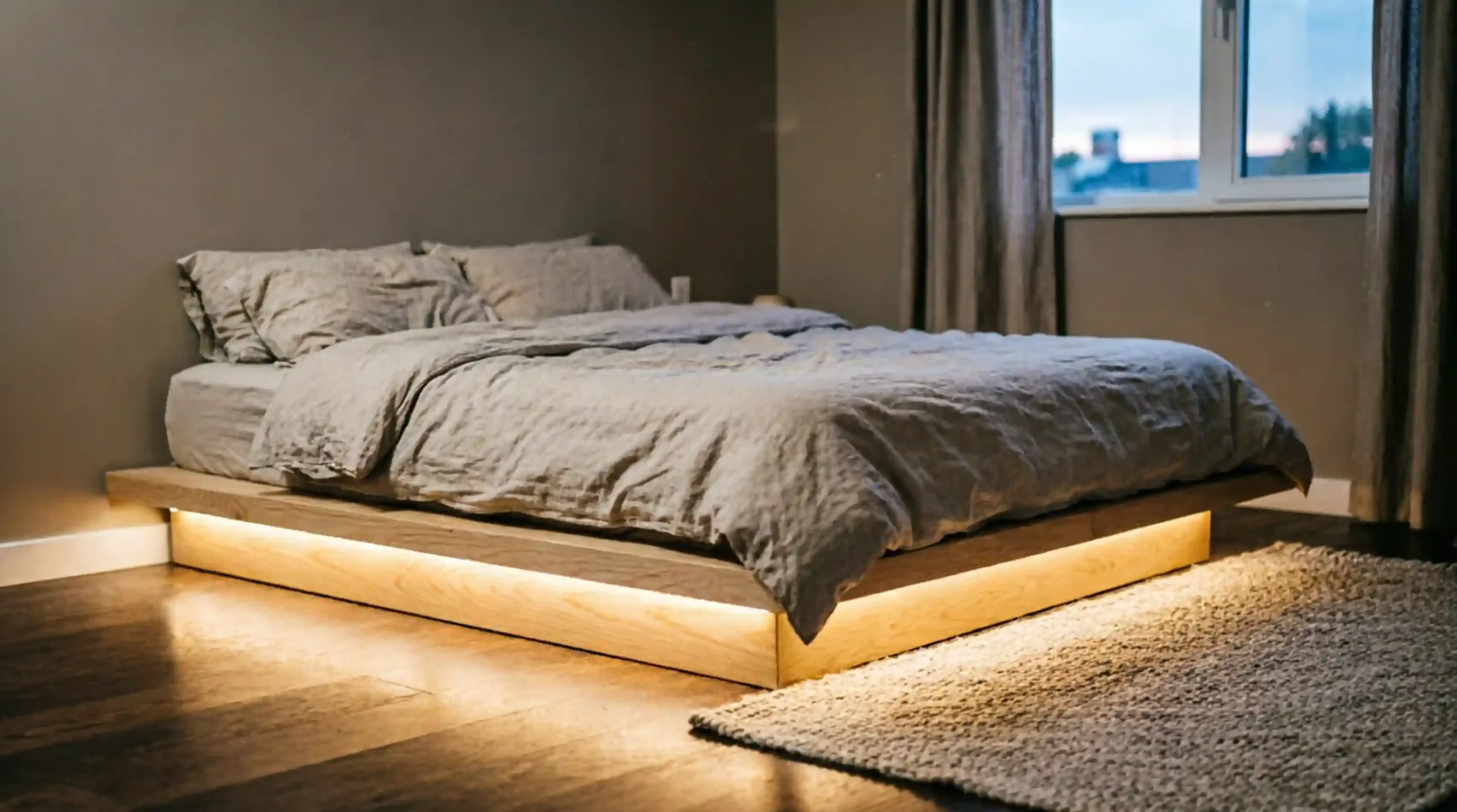 Soft under-bed LED strip providing gentle nighttime glow in a summer bedroom