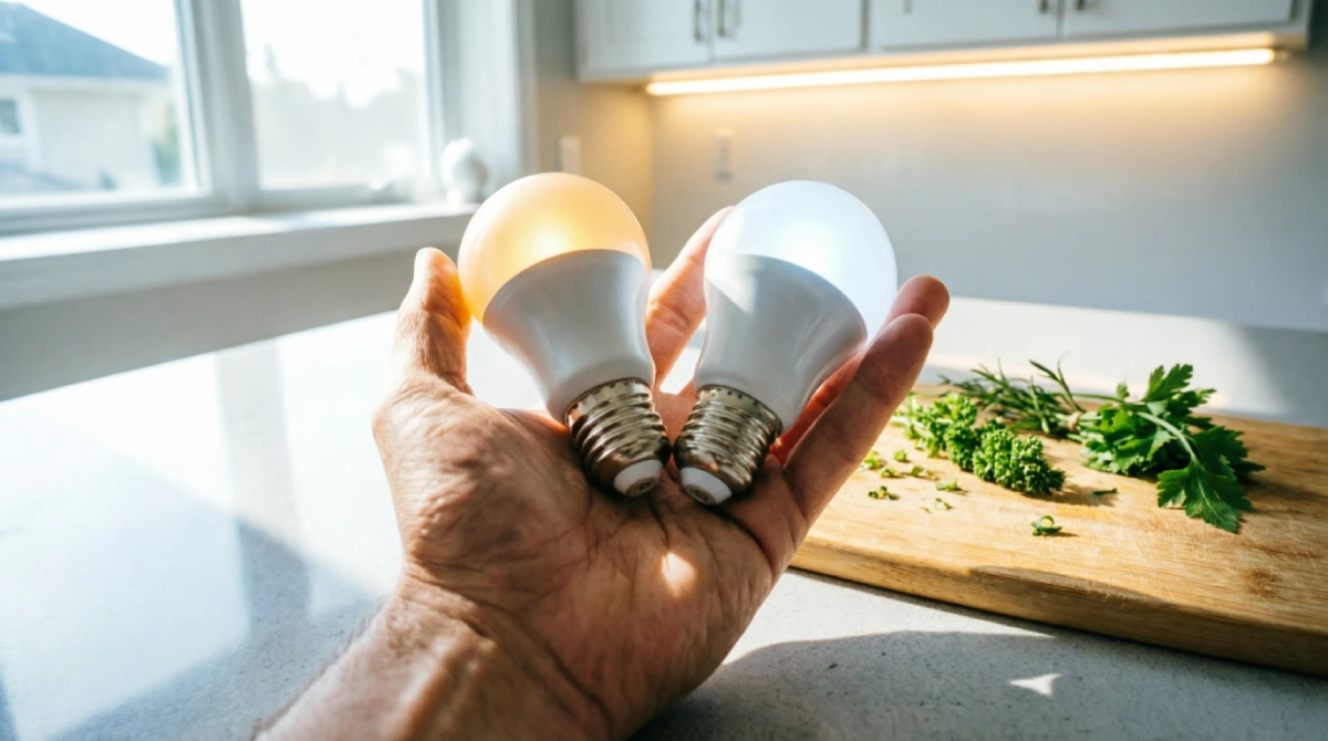 Under-cabinet LED strip lighting illuminating a clean, bright kitchen countertop