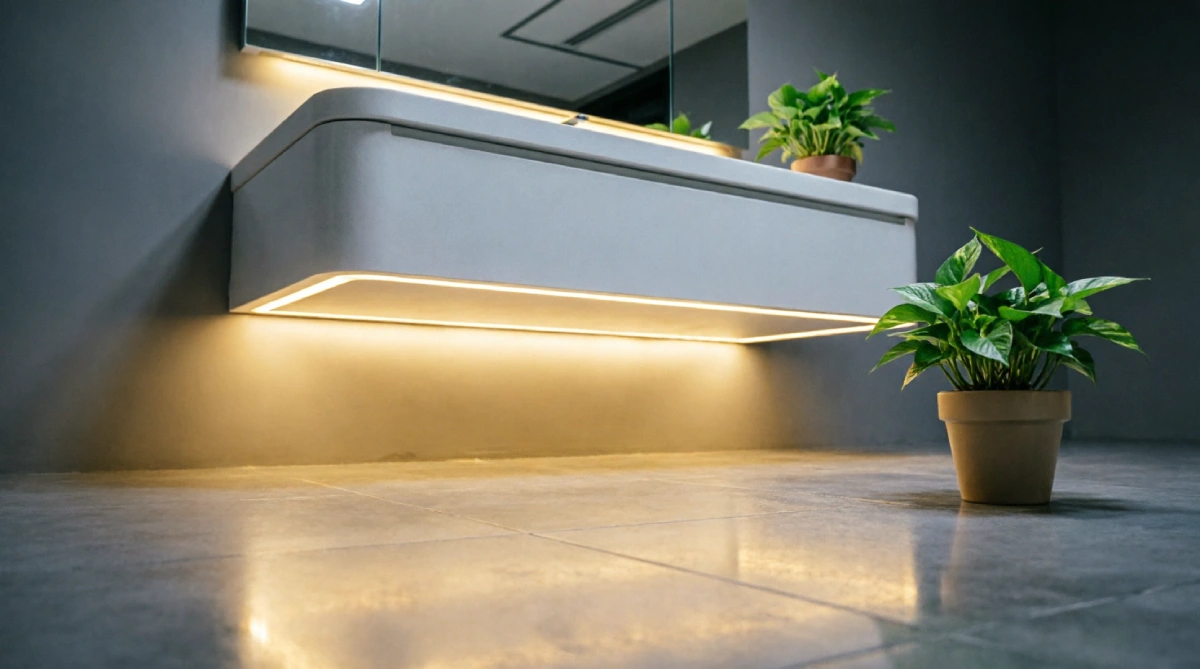 13 Summer Bathroom Lighting Ideas That Improve Brightness - Bathroom - Homedecortoday Under-vanity toe-kick lighting adding a soft glow to a summer bathroom floor