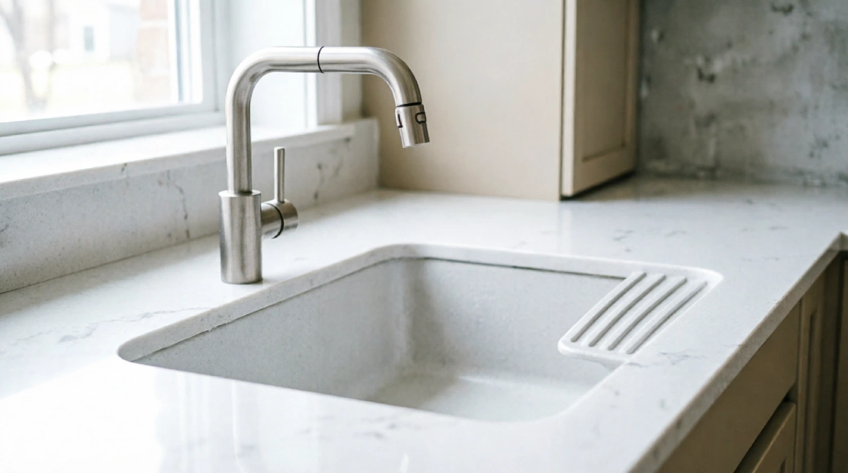 Undermount kitchen sink with integrated drainboard grooves in white quartz countertop