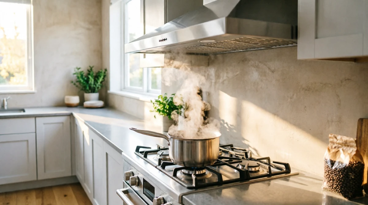 A powerful vented range hood installed above a stove, a key summer kitchen renovation idea for removing heat while cooking.