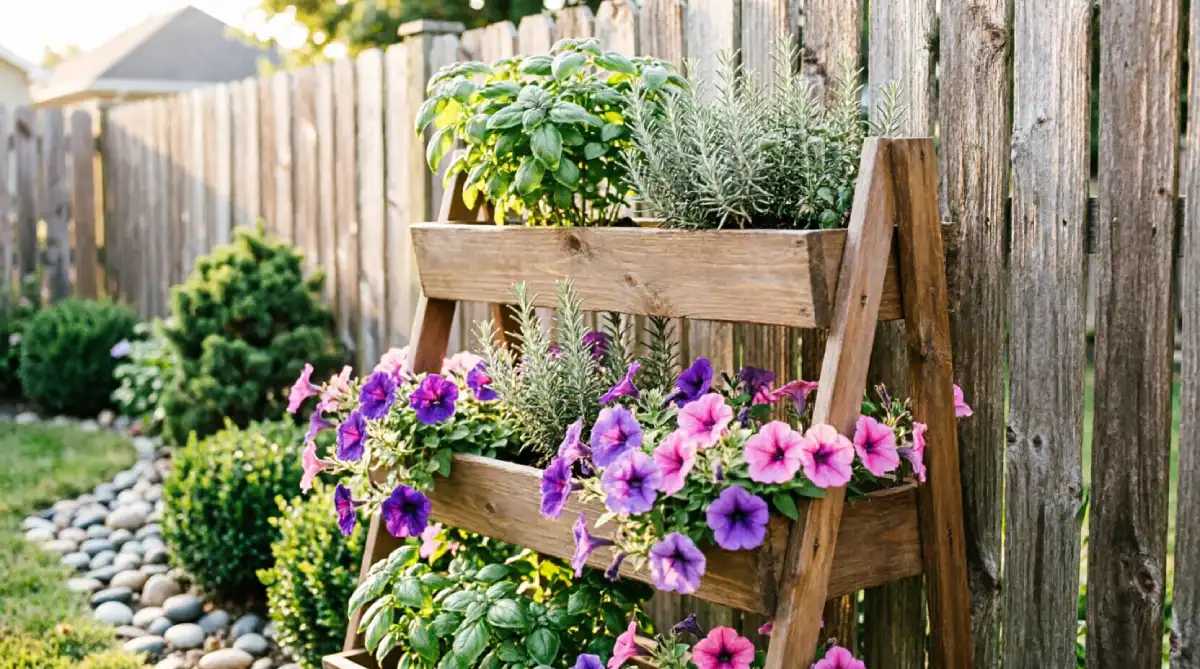 A-frame tiered planter stand for maximizing growing space in a small backyard
