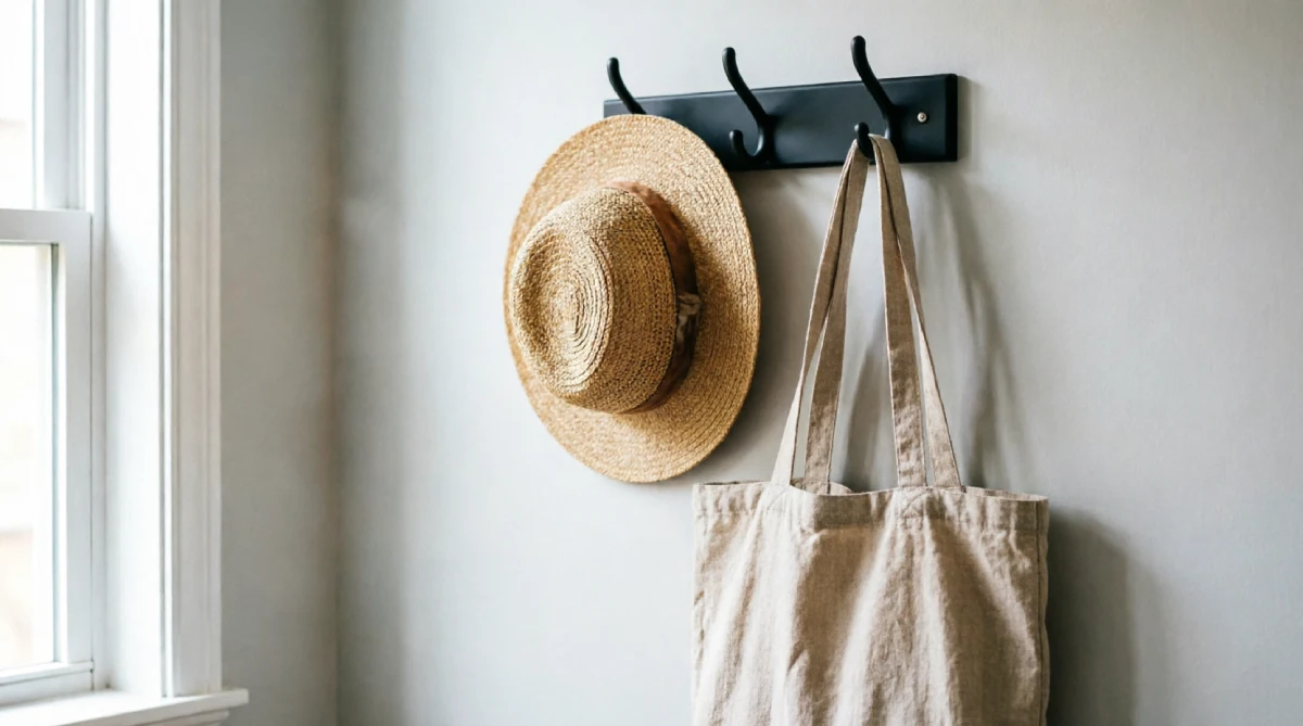 Wall hook used as a summer launch station holding hat and bag in a bedroom