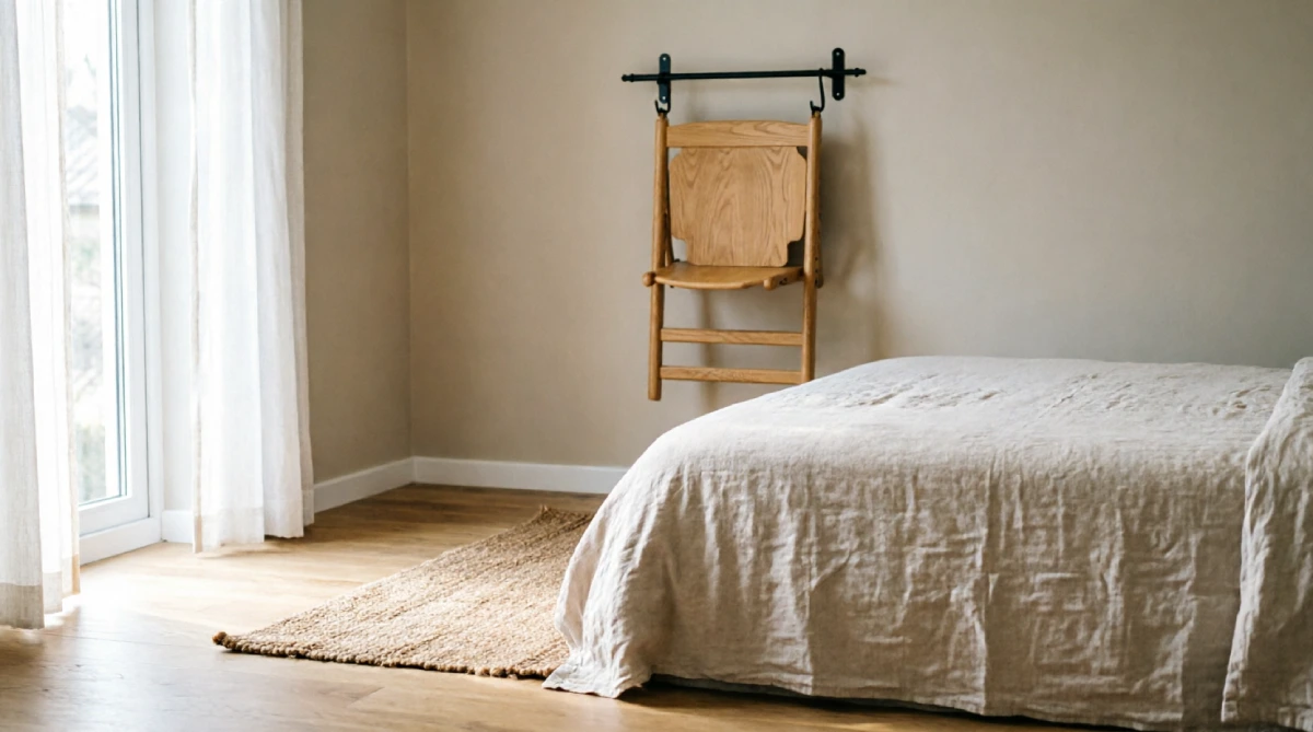 A folding chair hung on the wall in a small summer bedroom, saving precious floor space