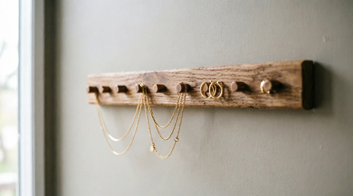 Delicate summer jewelry stored on a wall-mounted magnetic bar in a bedroom