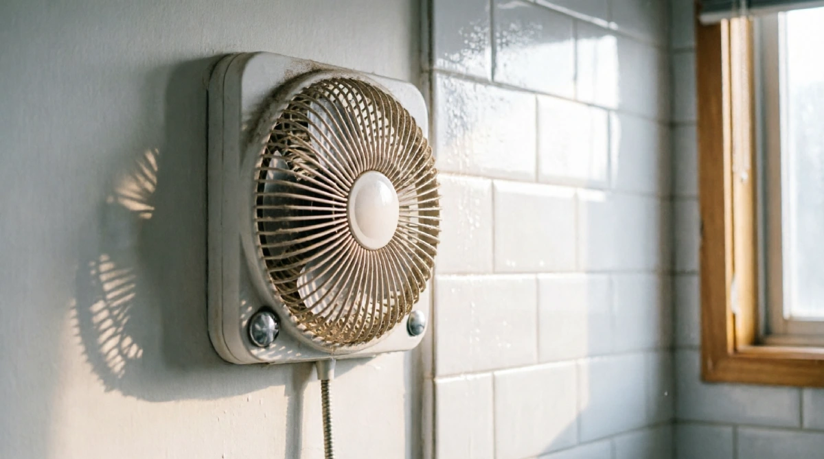Small white wall-mounted fan aimed at shower area for summer air circulation