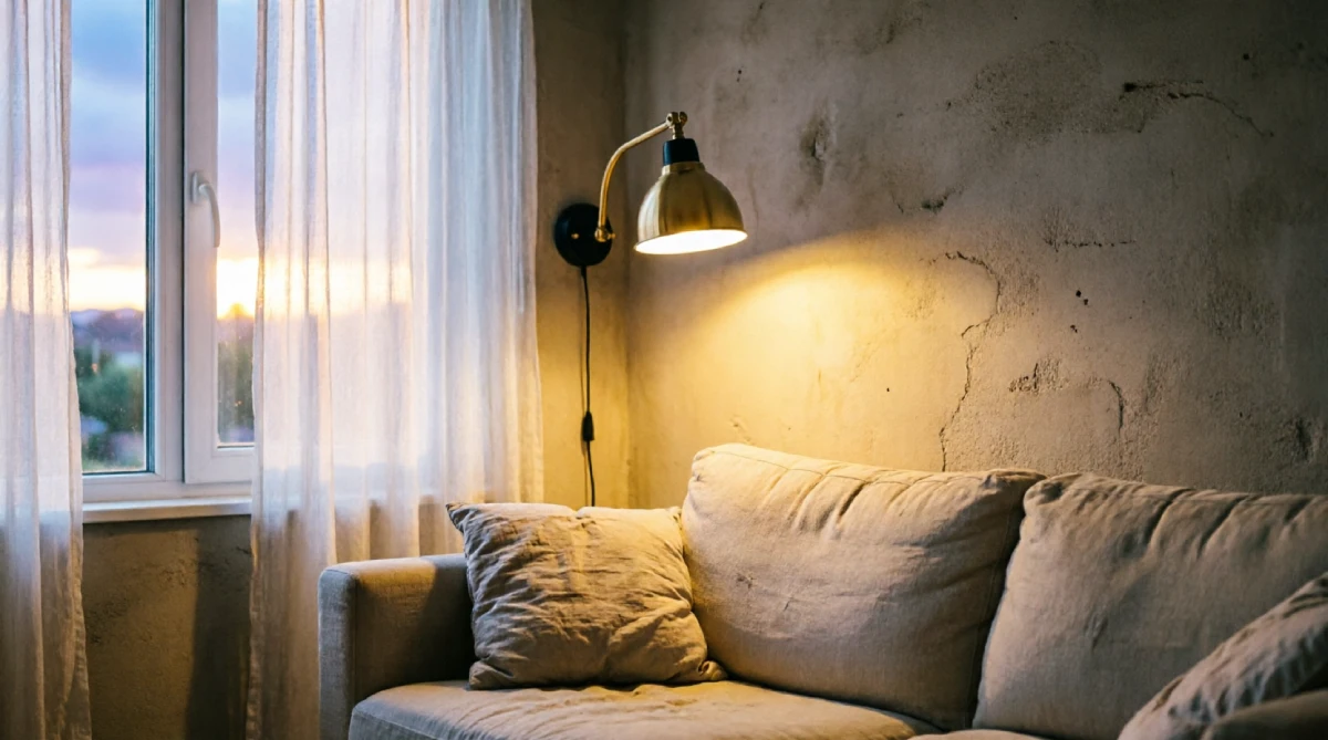 Wall-mounted sconce beside a sofa in a small summer living room freeing floor space