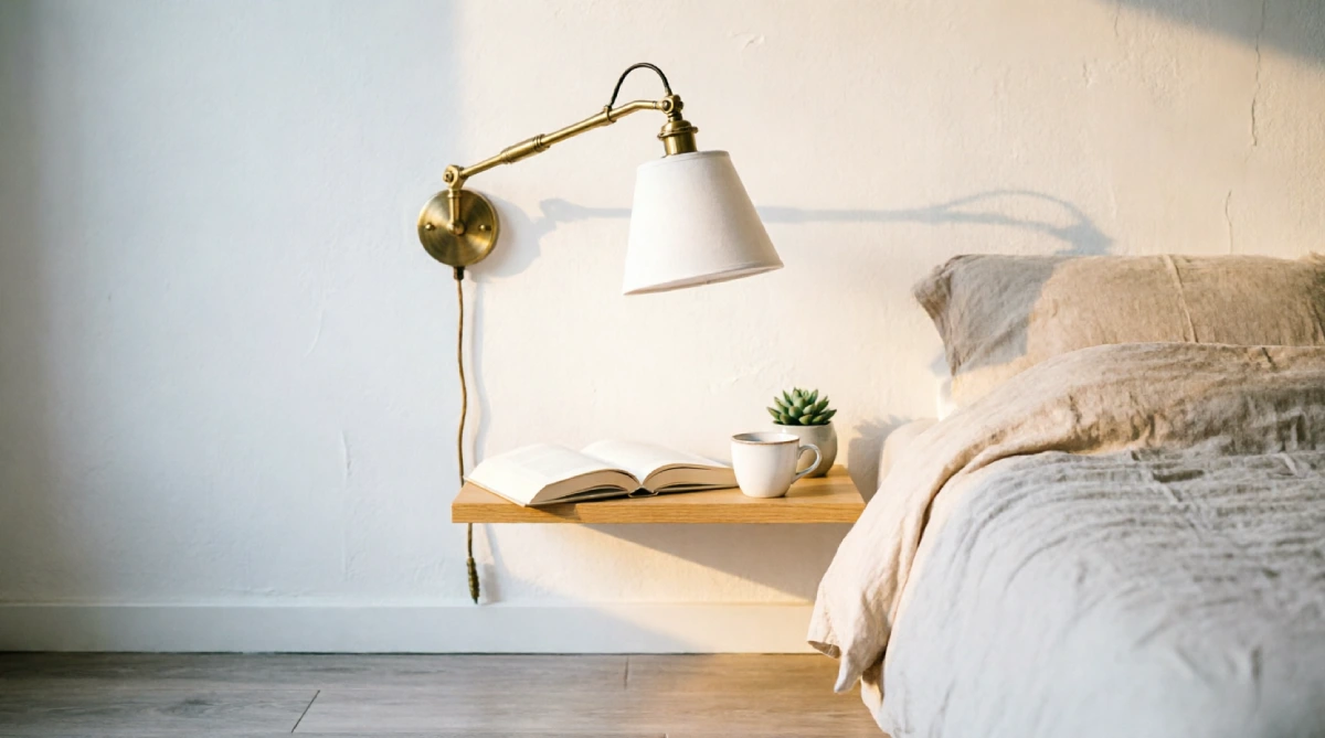 A swing-arm wall lamp beside a bed in a small bedroom, saving space on the nightstand