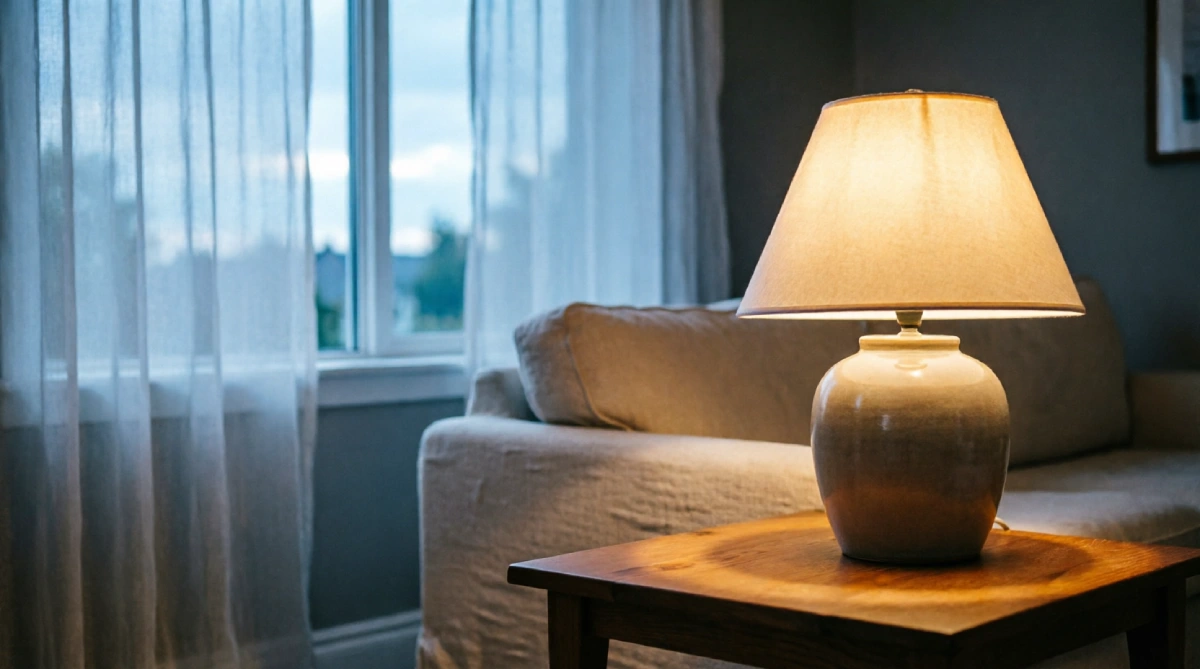 Table lamp providing warm low-level lighting in a summer living room at dusk