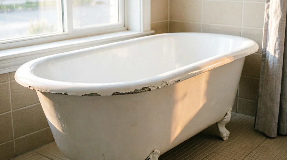 Freestanding white soaking tub near window reflecting light and staying cool
