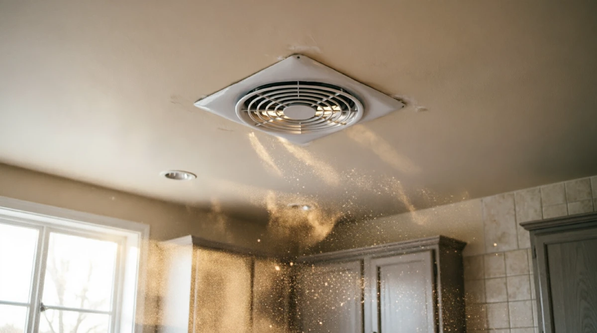 Whole-house fan installed in kitchen ceiling pulling hot air up and out through attic