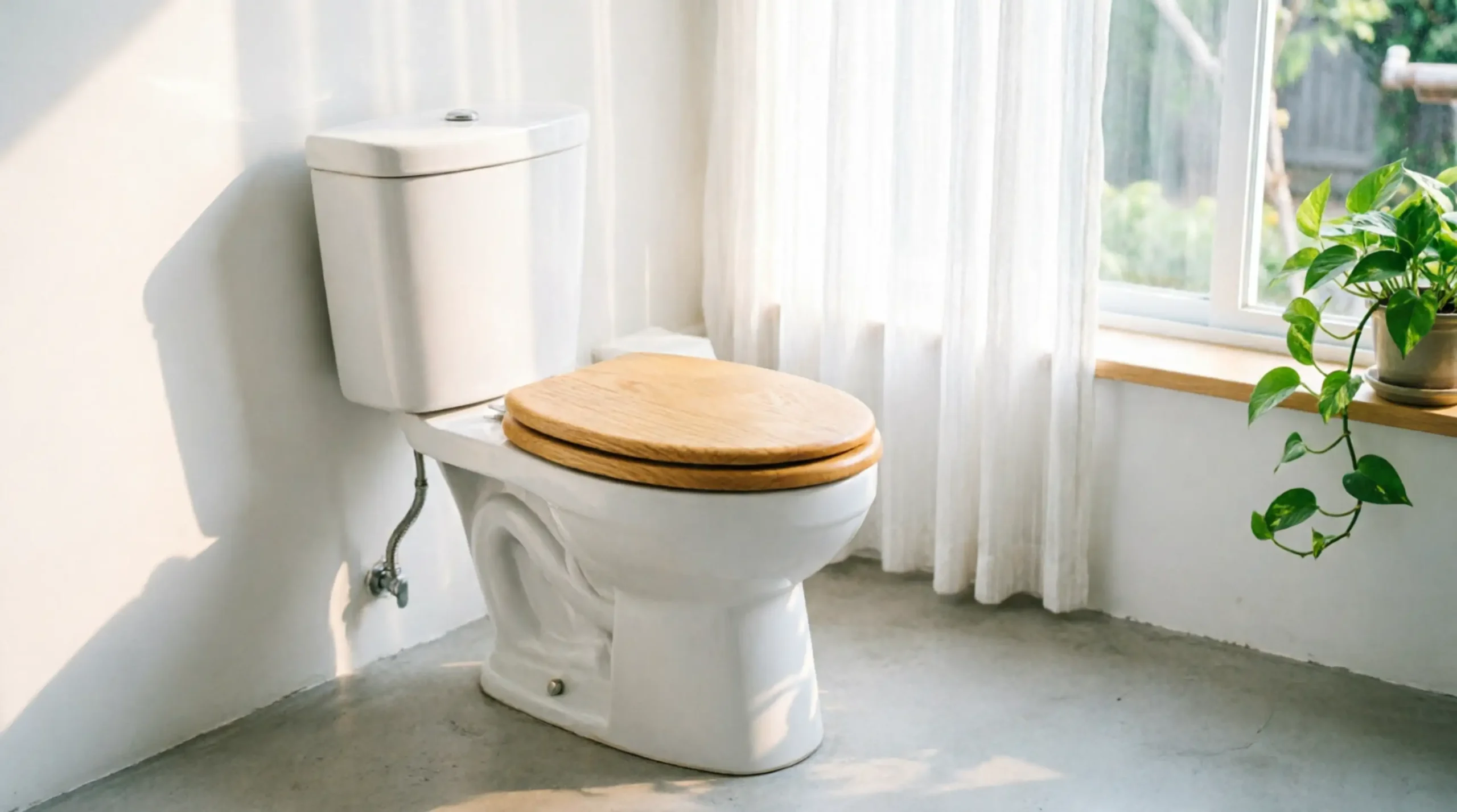 White toilet with light oak slow-close wood seat in bright summer bathroom