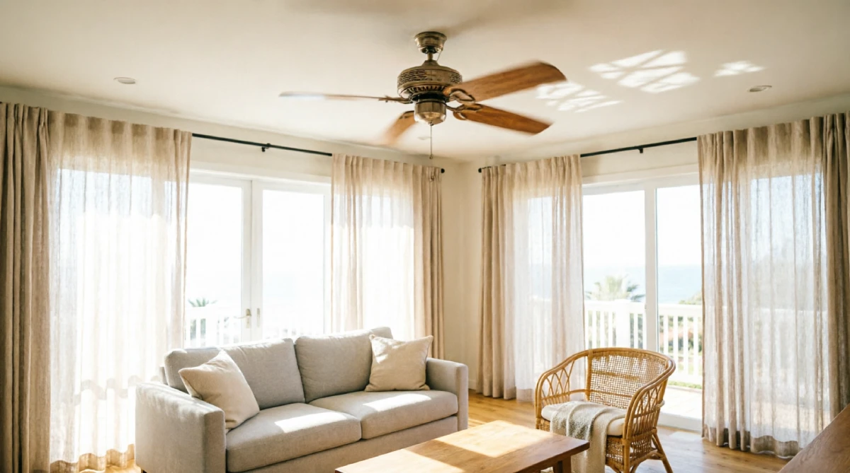 Ceiling fan with natural wood blades in a bright, comfortable summer living room