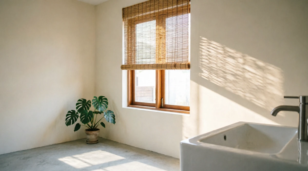 Sunny bathroom window with light-filtering bamboo woven shade casting soft shadows