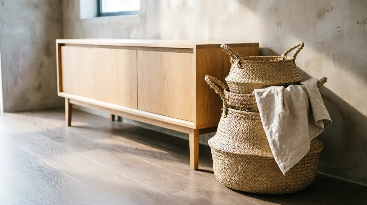 Seagrass baskets providing hidden storage and texture modern summer living room