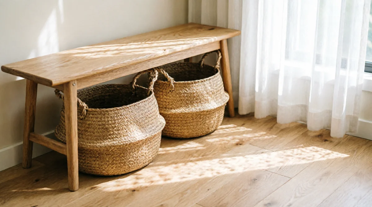 Woven storage baskets under a bench in a small summer living room keeping floor clear