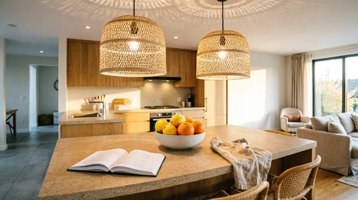 Light-toned woven rattan pendants hanging over a summer kitchen island