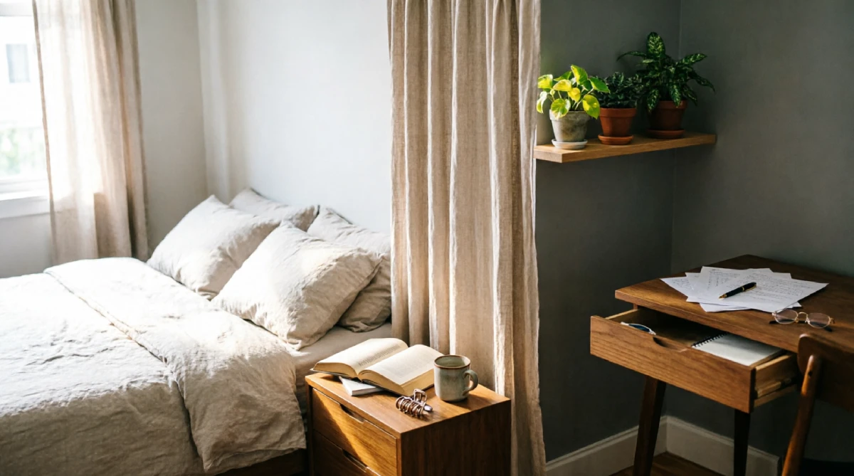 12 Summer Bedroom Layout Ideas That Improve Comfort - Bedroom - Homedecortoday Bedroom with a curtain divider separating the sleep zone from the work area to manage heat